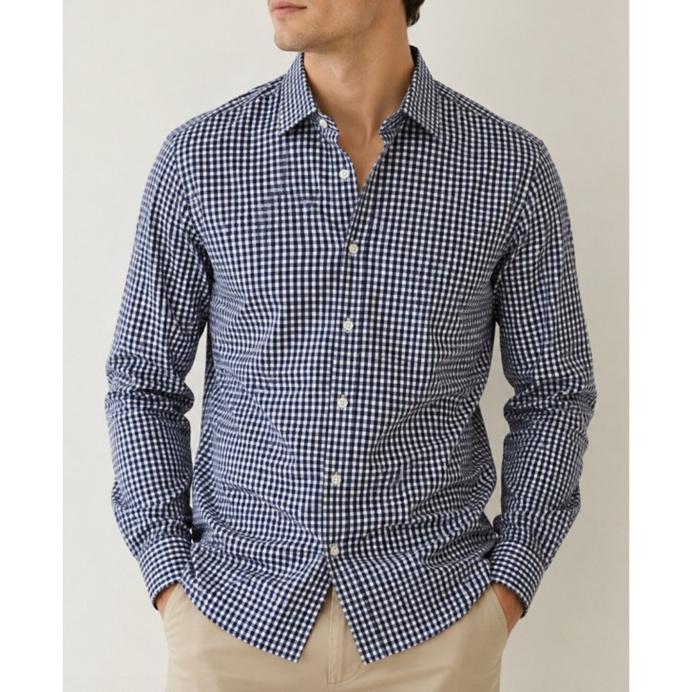 Gap Mens Slim Fit Non-Iron Stretch Gingham Button Down Shirt Navy White Small